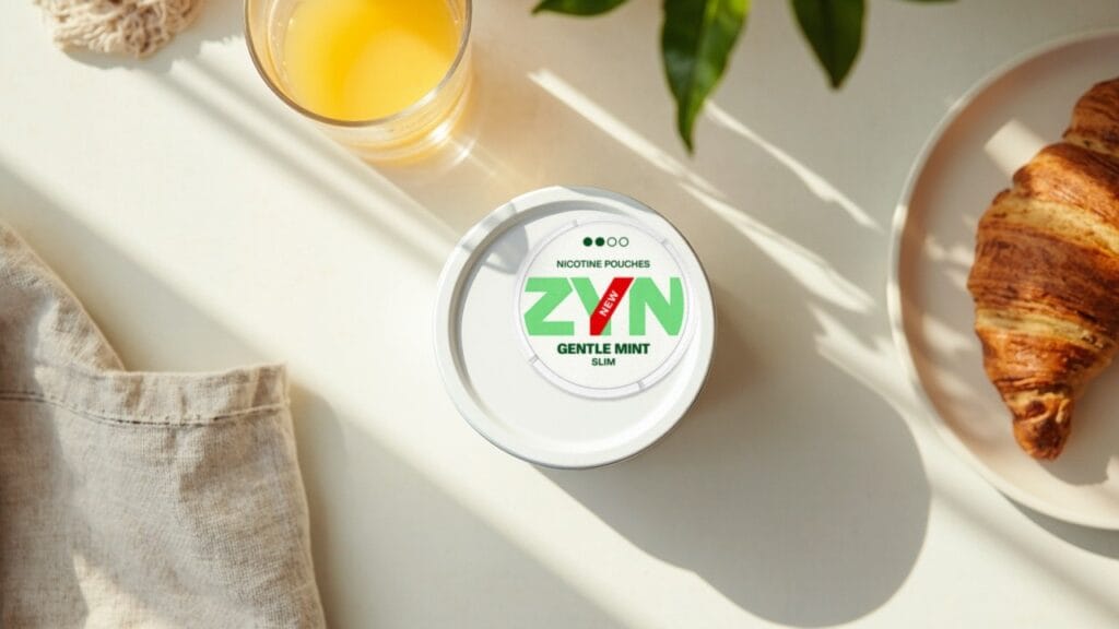 ZYN Gentle Mint 6 mg tin on a kitchen counter at breakfast