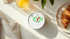 ZYN Gentle Mint 6 mg tin on a kitchen counter at breakfast